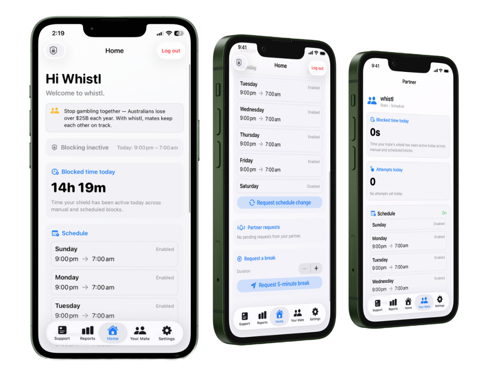 Whistl App Interface showing intercepted spend and investment growth.